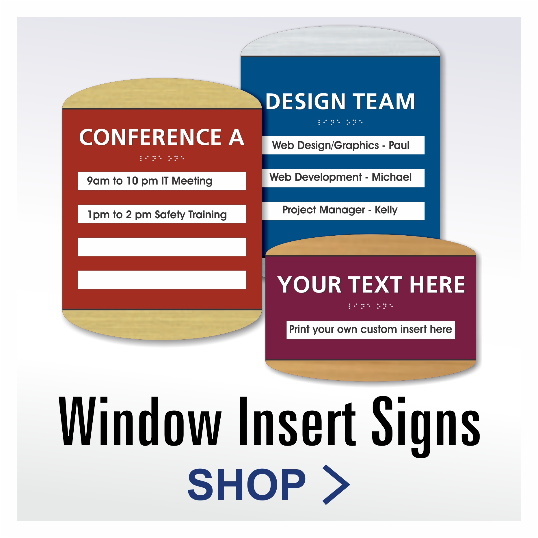 Wedge ADA window insert signs with matching architectural styling